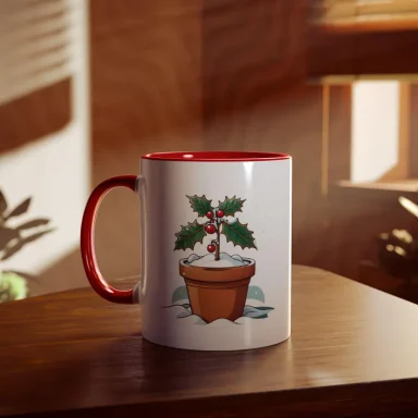 Santa's favourite gardener mug white ceramic coffee mug with a holly tree in a plant pot outside in the snow.