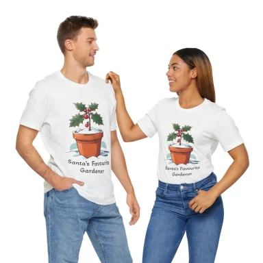 Santa's favourite gardener t-shirt with holly tree planted in a plant pot 